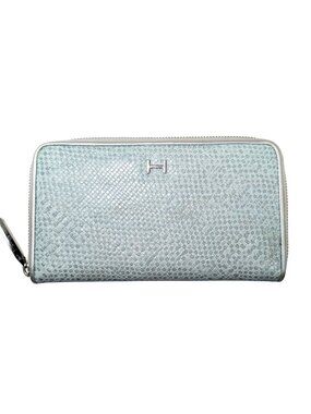 Halston Light Blue Silver Woven Vegan Leather Large Zippy Continental Wallet